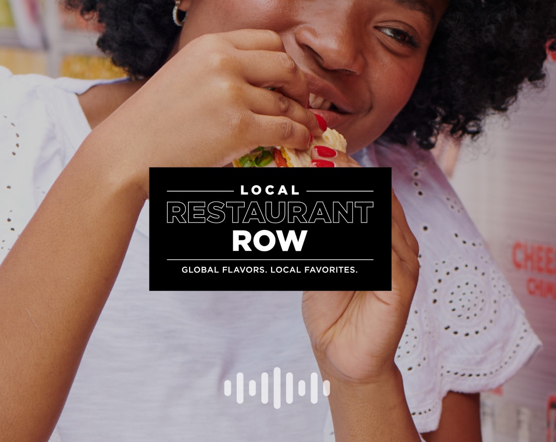 Woman eating a taco, with the Local Restaurant Row logo and audio symbol overlaid.
